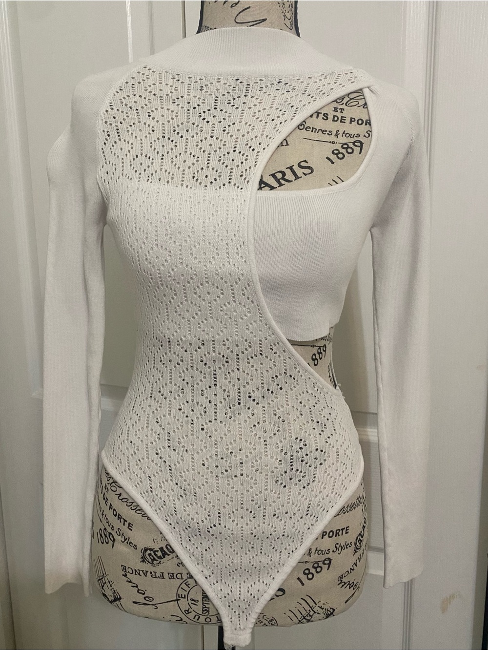 Hera Collection White Knit Cutout Asymmetric Bodysuit